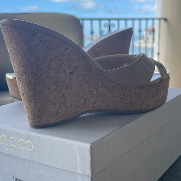 Jimmy Choo Nude Patent Wedge Sandals - Picture 2 of 5
